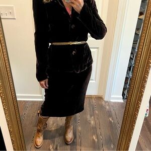Ann Taylor vintage rayon silk chocolate brown velvet suit set skirt jacket